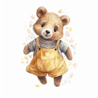 clipart of full body view, of cute joyful happy bear cub, wearing a pinafore dress, soft lighting, white background bright color scheme, in the style of kris Lauren, white background,