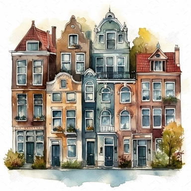Dutch houses, clipart, watercolor, illustration
