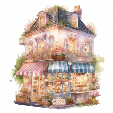 a very cute bakery shop with lots of cake and dessert , clipart, exterior view, cozy, flowers, luminious, dramatic lighting, super detailed, daytime, Thomas Kinkade style, watercolor, 8k, on isolated white background