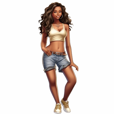 beautiful black teenage girl with beautiful long hair to her waist, dressed casually. Full perspective and, long shot A young black woman with full lips and a big beautiful smile, dressed in khaki shorts and a tank top, has long hair and beautiful shapely legs, wearing heels, clipart in the style of digital airbrushing, feminine sticker art, dollcore, realistic face, realistic body, glamorous,