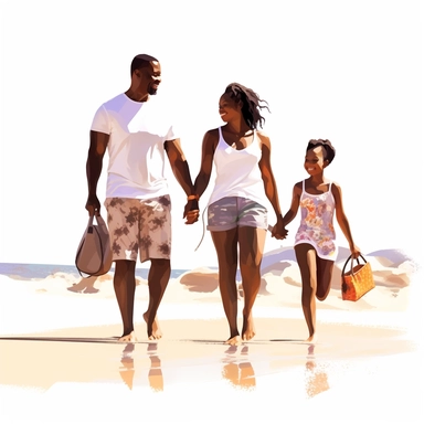 illustration clipart of african american family with man, woman and daughter walking happily on the beach relaxing, hyperrealistic, white background