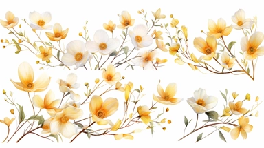 Watercolor clipart of delicate golden dogwood flowers, branches and leaves, on white background