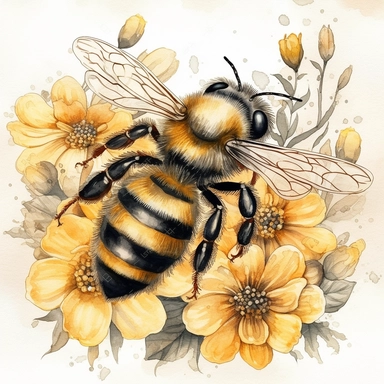 A charming watercolor honey bee clipart capturing the beauty of spring garden bees, delicate honey bee painted in warm tones of yellow and black, fuzzy body and translucent wings are depicted with intricate details, hovers near a cluster of blooming spring flowers, such as daisies, tulips, and lavender, which are painted in vibrant and harmonious colors, soft and dreamy atmosphere, each illustration focuses on the exquisite details of the honey bee, showcasing its unique beauty and importance in