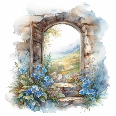 isolated on white illustration watercolor art of a rustic window from inside the house, the window shows the landscape from the garden with forget-me-nots and a road going into the mountains, a lot of forget-me-nots, masterpiece by Hans Zatzka and by Josephine Wall and by Ambrosius Bosschaert style and by Carlo Crivelli style, Art Nouveau Architecture, PNG clipart, isolated on white, extreme photorealistic details, 32k HD resolution, realistic high detailization high resolution
