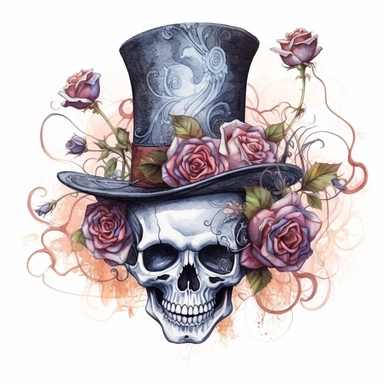 Skeleton, wearing top hat, gothic roses, watercolor, clipart elements, smooth gradients, black contour outline, ultra detailed, white background, super clear, high quality style by Lucy Fleming, watercolor, smooth gradients, black contour outline, ultra detailed, clipart elements, delicate pastel colors, solid white background, super clear, high quality