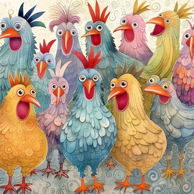 Whimsical magical wacky chickens, in a barnyard, muted colors, swirls, twists, twirls, metallic, glitter, stylized, funny, centered, airbrushed, digital oil, detailed illustration, clip art, cartoon, 8k,-- ar 9:8