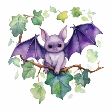 an enchanting watercolor clipart image with a white background and white margins, showcasing a baby bat hanging from a branch, playfully stretching its wings. The ultra-detailed, hand-drawn elements capture the curious and inquisitive nature of the baby bat. Use vibrant shades of purple and green to create a visually enticing and playful image that conveys the spirit of exploration and discovery.