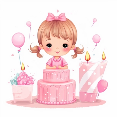 little girl dress clipart, baby pink color, vector style art, white background, colorful art, cartoon style art, with birthday cake clipart