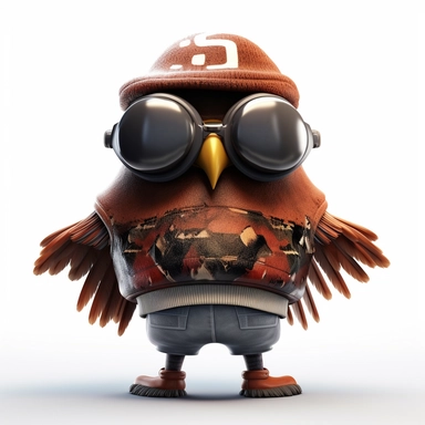please create pixar style character clipart of an owl dressed like a rapper, back view with arms flexing