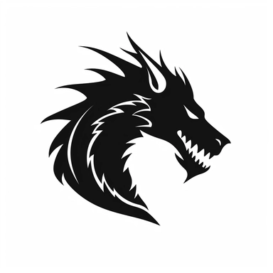minimalist epic dnd dragon head silhouette for small prints, side view, simplified, iconographic symbolism, clipart, black and white, white background