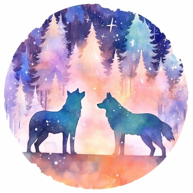 Watercolour style Cosmic Wolves clipart , double exposure, dreamy color, anime style, ghibli , trippy , planet , stars, epic, flowers, Phantasmal Iridescent