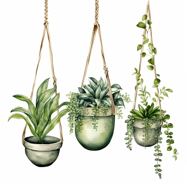 hanging home plants with watercolor effect,suitable for digital clipart,white background,greenery plants,home style plants