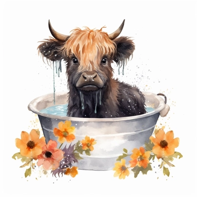 watercolor clipart of an adorable fluffy black highland cattle calf sitting wet in a tub filled with water and flowers, happy, smiling, sunny and warm day, hand drawn style, white background