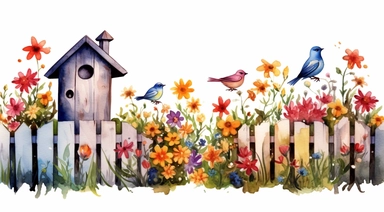 A fence with colorful birdhouses attached, nestled in a flower garden clipart, white background, watercolor drawing