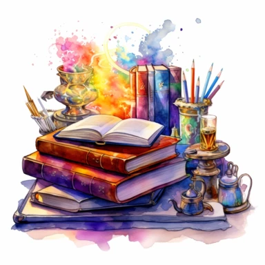 Watercolor Wizard Desk Clip Art in a cheerful fantasy L.O.T.R. style. Magical items, gems, and scrolls. In the centre of the desk is an open book with a holographic emanation of golden light coming up out of the books pages
