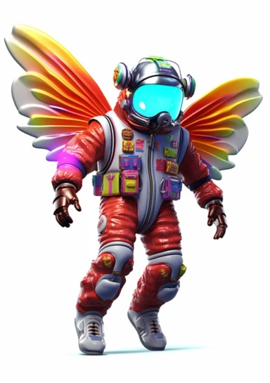 render a 3d cartoon image of an space astronaut with house fly wings, clothing logo, hip hop brand, clipart, white background, bright, hyper, colorful,