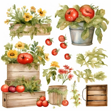 Design a vintage - style, watercolor garland or wreath for the 'Farmer's Kitchen' mystery box label, featuring tomatoes, basil, poppies, and other items from the box, as well as a couple of themed clipart elements for decoration. The garland or wreath should have a soft, romantic aesthetic and be hand - drawn in a watercolor style. The colors should be muted and natural, with pops of bright red and orange for the tomatoes and poppies. The overall design should be whimsical and charming, with a t