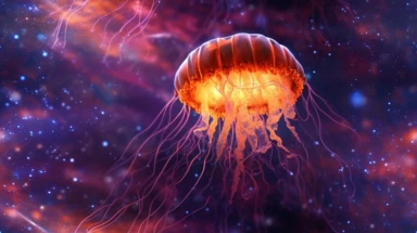Luminous Jellyfish floating through a space nebula, cinematic, ultra realistic, high contrast, photorealistic, 3d octane render, UHD, Cinematic Lighting, 4k, OctaneRender, UHD, Dynamic Scenery, clipart