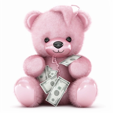 pink teddy bear holding cash in hands clipart white background