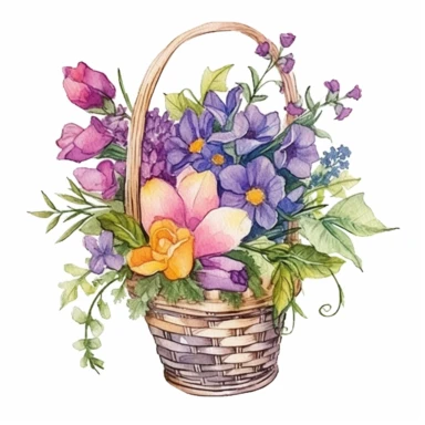 Design a captivating hand-drawn watercolor clip art image of a family gift niche embellished with birth flowers. Customize the image for a family of five: a February baby (Violet), an April baby (Sweet Pea), a July baby (Larkspur), an October baby (Marigold), and a December baby (Holly). Enhance the image by including delicate watercolor foliage surrounding the birth flowers, adding depth and a touch of nature to the composition.