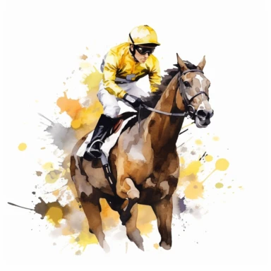 race horse, with jockey, yellow flowerswater color, white backhround, clipart
