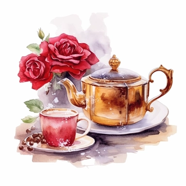 watercolor, white background, clipart, watercolor, white background, ultra-realistic and hyper-detailed clipart beautiful cozy tea with red roses, red and rich gold hues