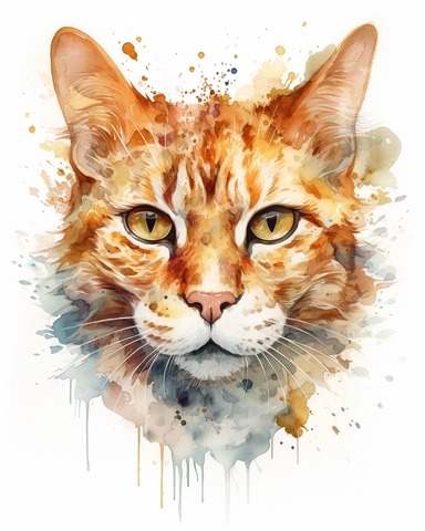 Watercolor Painting of ginger cat head on white background good anatomy, DETAILED ILLUSTRATION, Flora Design Patterns, Flemish Baroque by Rachel Ruysch, Behance, Rococo, Intricate Detailed, Soft Light Effect, Oil Paint Strokes, Light Academia Aesthetic Flowers, Lighting cinematic, all shown shimmering stamens, tyndall light, texture, colorful, 8k, fantasy, ray tracing, vivid, spectacular lighting, octane rendering, highly detailed, ultra - realistic, white background, clipart