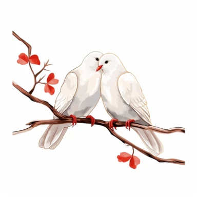 two love doves birds sitting on a branch, clipart, white background