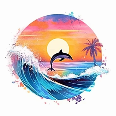 Miami beach Watercolor Paintslash Art Ocean Man Surfing Big Wave With Dolphins Retro Sunset Clipart Colorful and white Background