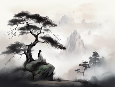 Under the tree, a child in ancient costume sits cross-legged and meditates, through the huge pine tree, the mountains in the distance are shrouded in clouds and mist. soft illumination, Impressionism style, Traditional Chinese Ink painting, Clipart, no background, trending in Artstation