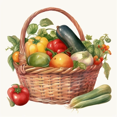 Visualize a clipart-style watercolor illustration of a close up of detailed basket brimming with freshly harvested vegetables, set against a clean white background. Use bright, pastel colors to bring out the red tomatoes, green cucumbers, and yellow bell peppers, ensuring the colors pop against the stark white backdrop. Utilize leading lines from the basket's rim to the vegetables to create depth. The composition should place the basket of vegetables centrally, emphasizing its intricate details 