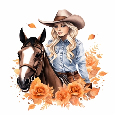 Just A Girl Who Loves Pumpkin Spice Cowgirl horse riding Sublimation Design , style by Lucy Fleming, watercolor, smooth gradients, black contour outline, ultra detailed, clipart elements, delicate pastel colors, solid white background, super clear, high quality