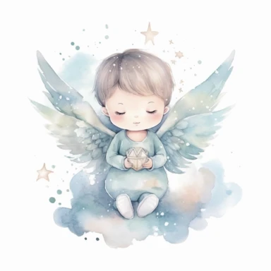 A watercolor painting of a little angel sitting on a cloud.