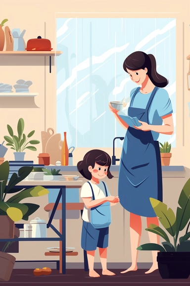 stay at home mother packing lunch in kitchen, vector cartoon illustration, simple minimal, style of behance, by slack and dropbox, clipart graphics