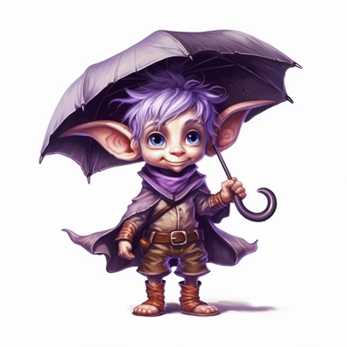 Cute Adorable magical little Elf with big pointed ears holds a umbrella in his hand wears a raincape and stand in the rain on a country road, clipart, photorealistic illustration, watercolor, high detail, 8k polished, 8k, vibrant colors, sticker, majestic, die cut, black and purple color, white background