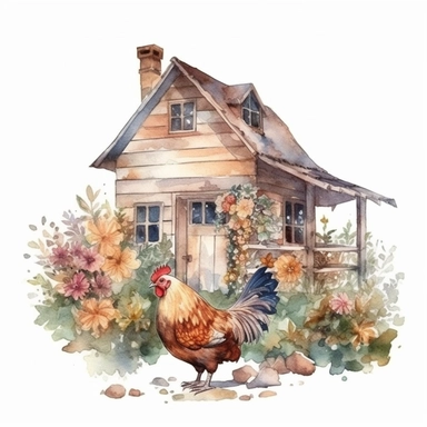 Small Farm house for Chicken Sitting over leaves and Flowers Surrounded,Isolated,Watercolor Clipart,White Background