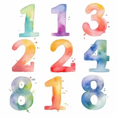Watercolor NUMBERS:1,2,3,4,5,6,7,8,9,0: Clipart by Henry Rivers, light pastel colors, Sketch, simplicity,Transparent white background, png