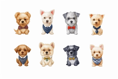 9 sets of a cute baby puppies Munchkin, smile,round face,round head,Wearing a tie,different poses,different breeds, clipart, isolated on white background, spaced out,