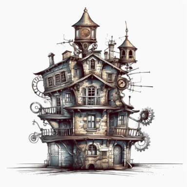 scary horror Steampunk one house Clipart, Retro Futuristic Victorian Era Art, white background