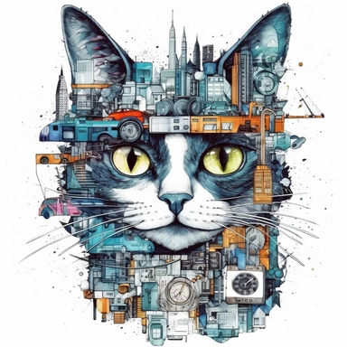 collage quirky cool collage city cat Felis catus clipart, detailed, clean line, hd, on white background, spaced out
