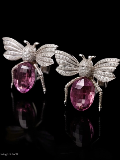 Bee, laurel ear clips, 3 carats purple tourmaline, oval cut, 18k white gold, 3 carats diamonds, sand point work, pop art style