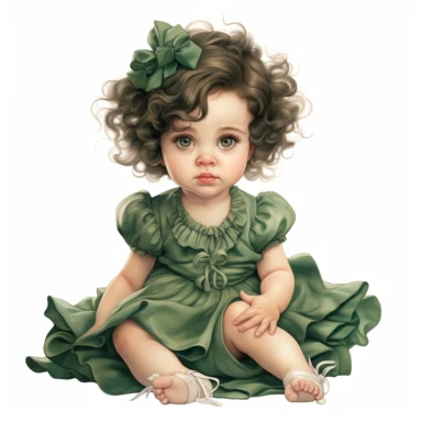 Cute Beautiful Vintage Sassy Little Baby Girl Wearing Green Dress Clothes Sublimation Clipart ,Cartoon,hyper realistic, intricate detail, illustration style,high solution,on the white background