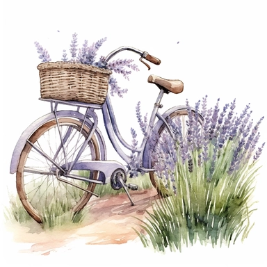 Lavender field with a watercolor vintage bicycle adorned with a basket of lavender blooms, clip art, detailed, clean, aquarelle