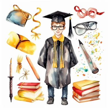 watercolor graduation related scenes, illustrations clipart set, simple, , cartoon elements ,different variants , school and classroom elements, graduate, graduation gown and capdiploma, separate elements with a margin, ,4k, high resolution