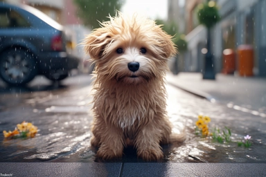 clipart of a blend of an adorable and a super cute, fluffy dog growling at the puddle while playing outside on a rainy day, clipart, bold, creative, sad rainy day, unreal engine.