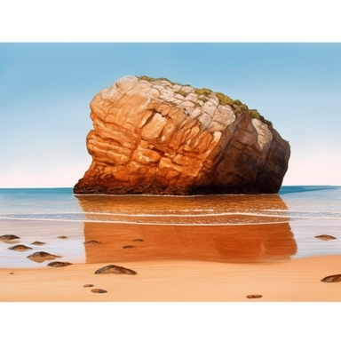 Detailed Watercolor of a beach of orange sand with a large rock covered in water, in the style of suffolk coast views, clipart, sticker art, flat 2d, 8k, high definition, white background