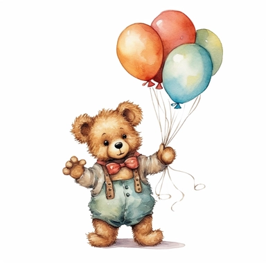 one cute teddy bear holding balloons in hand clipart image on a white background, in the style of watercolor illustrations, vintage ephemera, dark beige and dark aquamarine, uhd image, light orange and dark brown, art nouveau decorative, playful cartoons, no watermark, text, 300 DPI , typography, shapes do not stick together, no text in the picture, on a white background