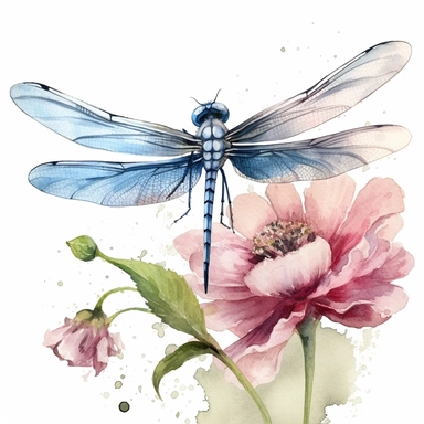 a watercolor clipart of a dragonfly on a flowe