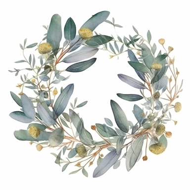 eucalyptus watercolor clipart in circle frame, flicks of gold, detailed images, hand draw, simple line outline, on a white background