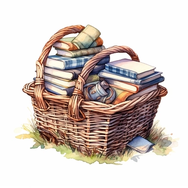 books neatly piled in a picknick basket in cottagecore style. clipart. white background